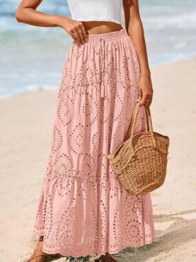 Boho Eyelet Lace stretchy waist Flowy Maxi Skirt